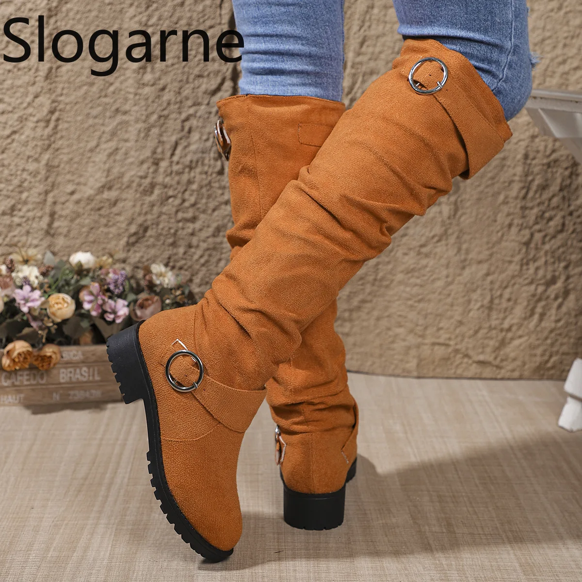 2025 neue Heiße Verkauf Schuhe Damen Slip auf Stiefel Frauen Mode Gürtel Schnalle Moderne Stiefel Frau Neue Plus Größe Solide kniehohe Stiefel