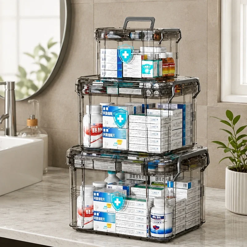 Transparent double-deck waterproof storage box with rectangular cover, crafted from sturdy PP plastic for emergency medical