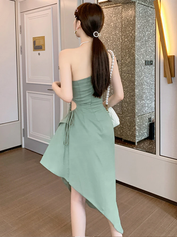 Women's Hotsweet Holiday Beach Dress Ladies Sweet Chic Strap Backless Hollow Folds Irregular Robe Femme Party Night Out Vestidos