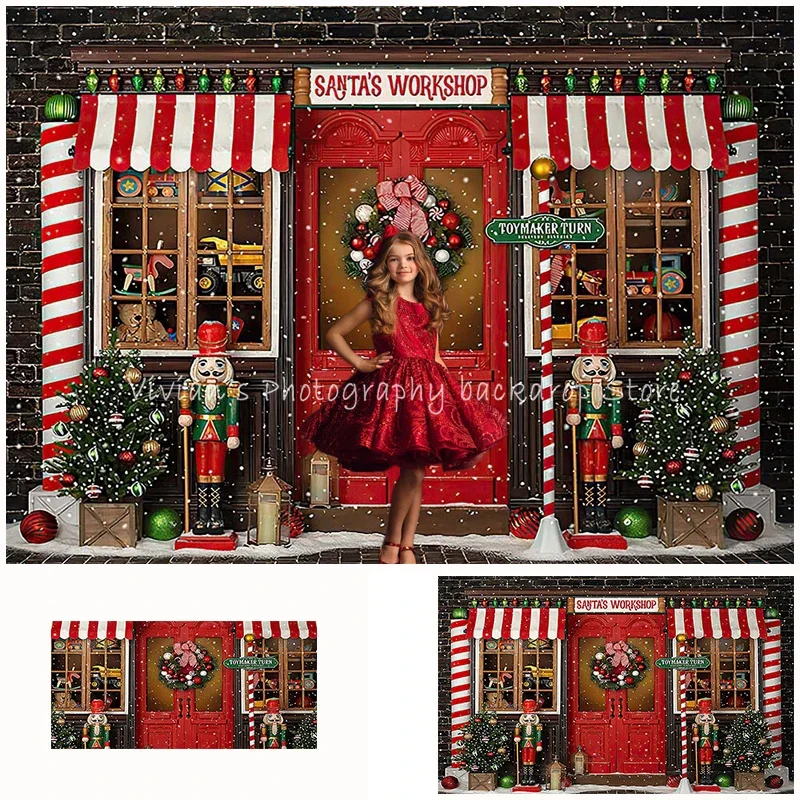 Christmas Gift Shop Snow House Photography Background Santa XMAS Tree New Year Backdrop Wreath Studio Prop Home Party Banner