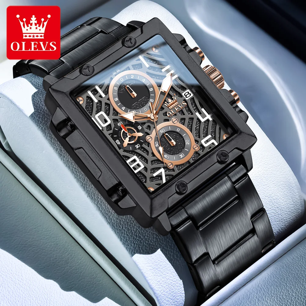 

OLEVS мужские часы из нержавеющей стали, модные квадратные многофункциональные кварцевые часы для мужчин, классические спортивные часы с хронографом 2958