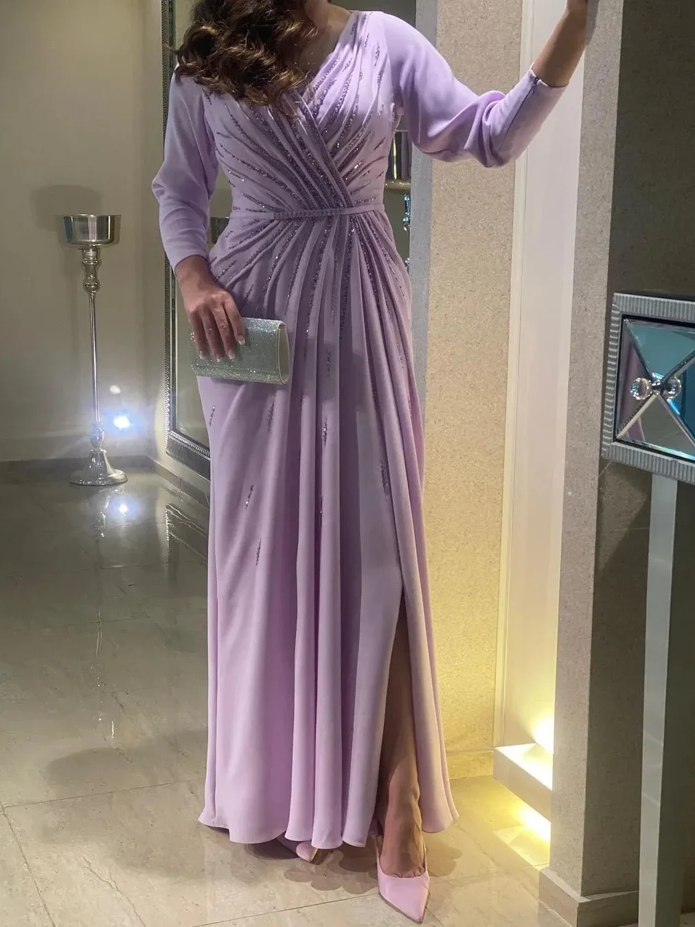 

Lilac Evening Dresses For Prom Long Sleeves Beads Sequins Floor-Length Ruched Chiffon Formal Dresses Elegant Vestidos De