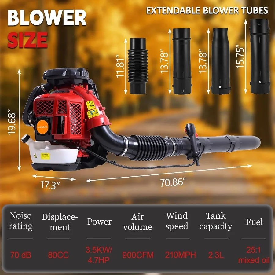 Backpack Leaf Blower 80CC 4.7HP 2-Cycle Gas Leaf Blower with 900-CFM 210-MPH Powerful Performance Variable Speed Control and Cr