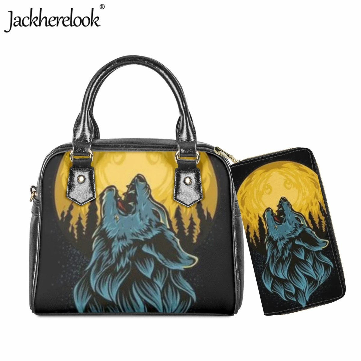 

Jackherelook Women's Handbag 2pcs Fashion New Howling Wolf Print Messenger Bag Classic Long Leather Wallet Shoulder Bag Set