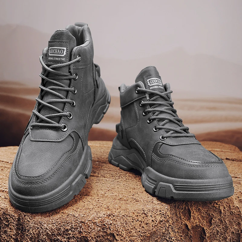 Men High Top Chunky Platform Work Boots, Non-slip Wear-resistant Lace Up Combat Shoes For Hiking Camping Street Daily Wear