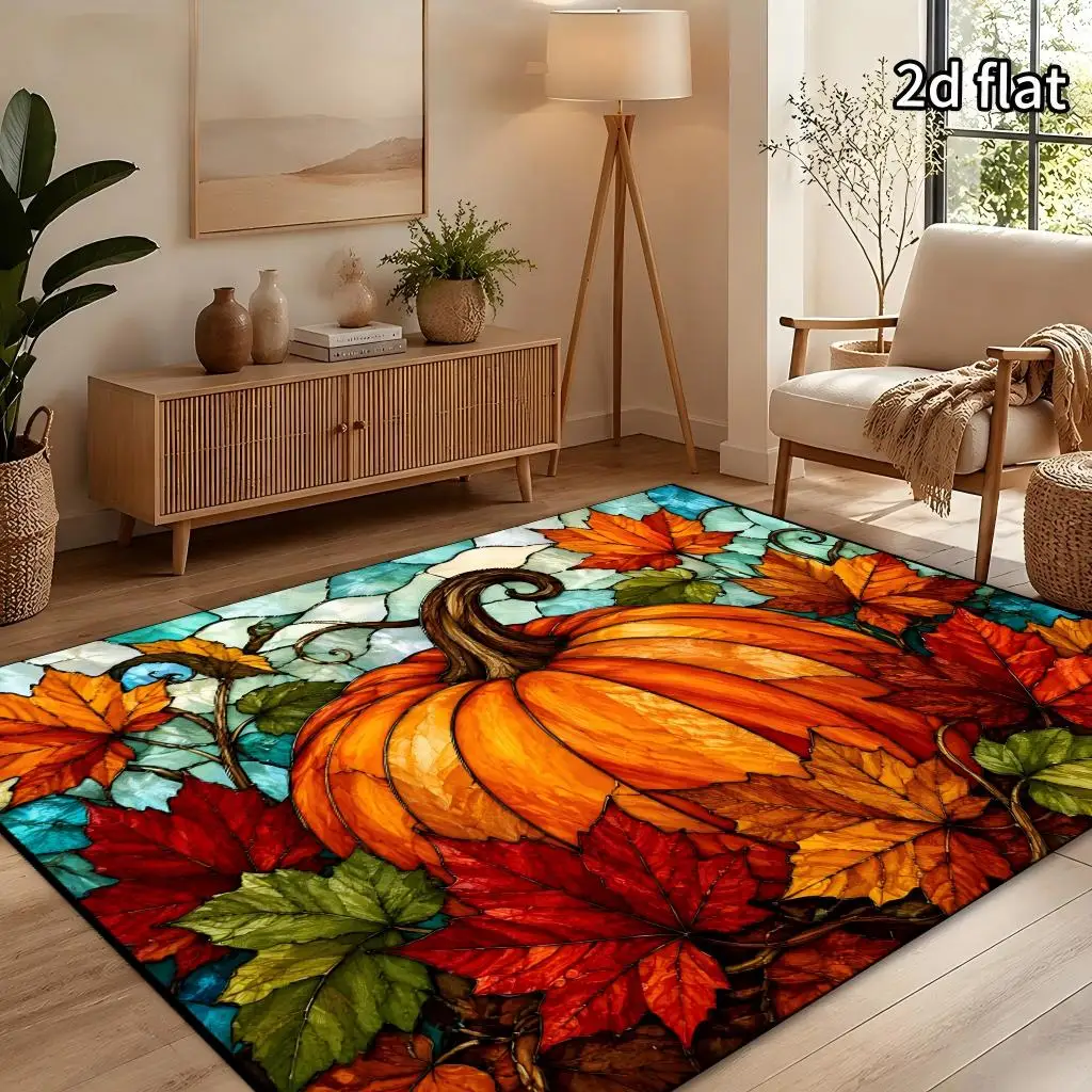 Stained Glass Pumpkin Autumn Harvest-Themed Rug, Rich Autumn maple leaf Mosaic Art Print Floor Mat, Suitable for Indoor Home Décor with a Seasonal Feel.