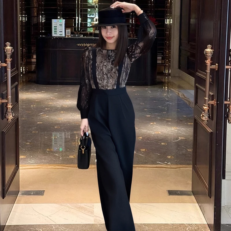 

Весна 2026: Модные женские брюки с высокой талией, цельные, с кружевными вставками, длинные, модель D348, из полиэфирного волокна