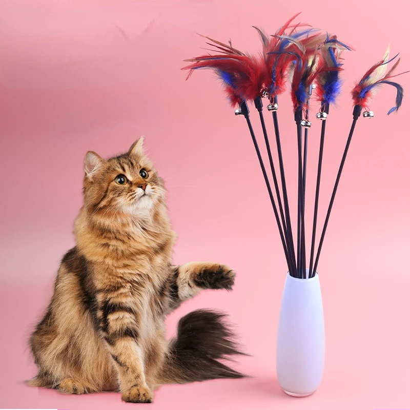 1 Pcs Cat Teaser Stick Bell Feather Funny Cat Rod Toy Cat Toys Interactive Cat Accessories Pet Cat Wand Supplies Accessories ﻿