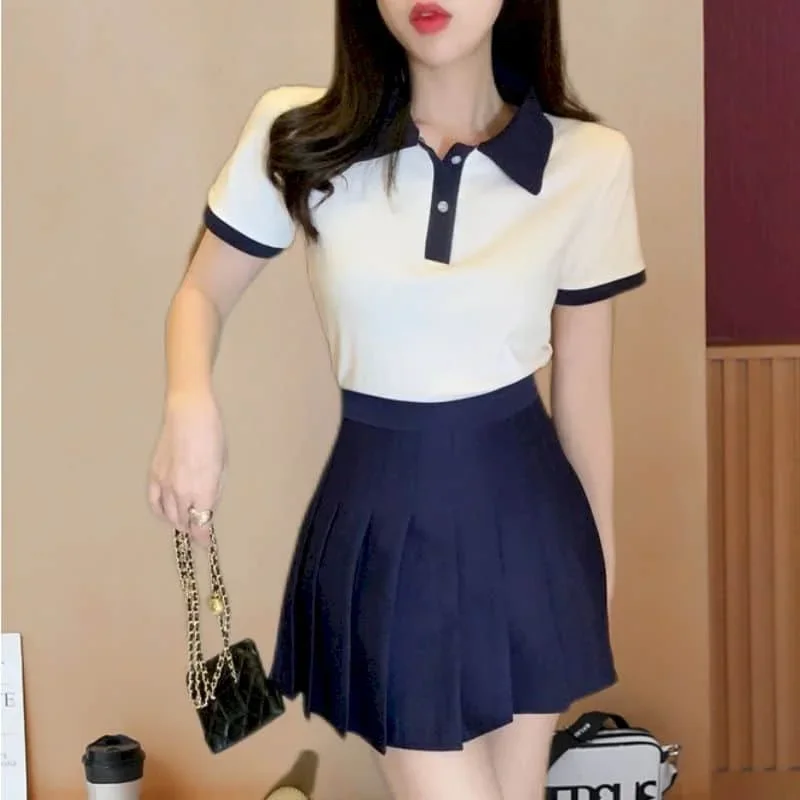 

Dress Sets Two Piece Sets Women Outfits Sweet Korean Style Fashion White Short Sleeve Irregular T-shirt and Blue Skirt for Women