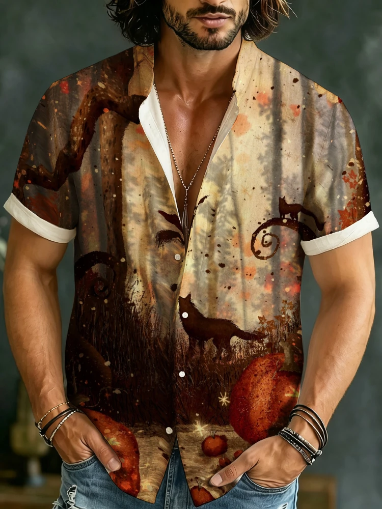 Big Size Men Halloween Tops Vintage Forest Witch Pumpkin Allover Print Short Sleeve Button Down Casual Summer Shirt
