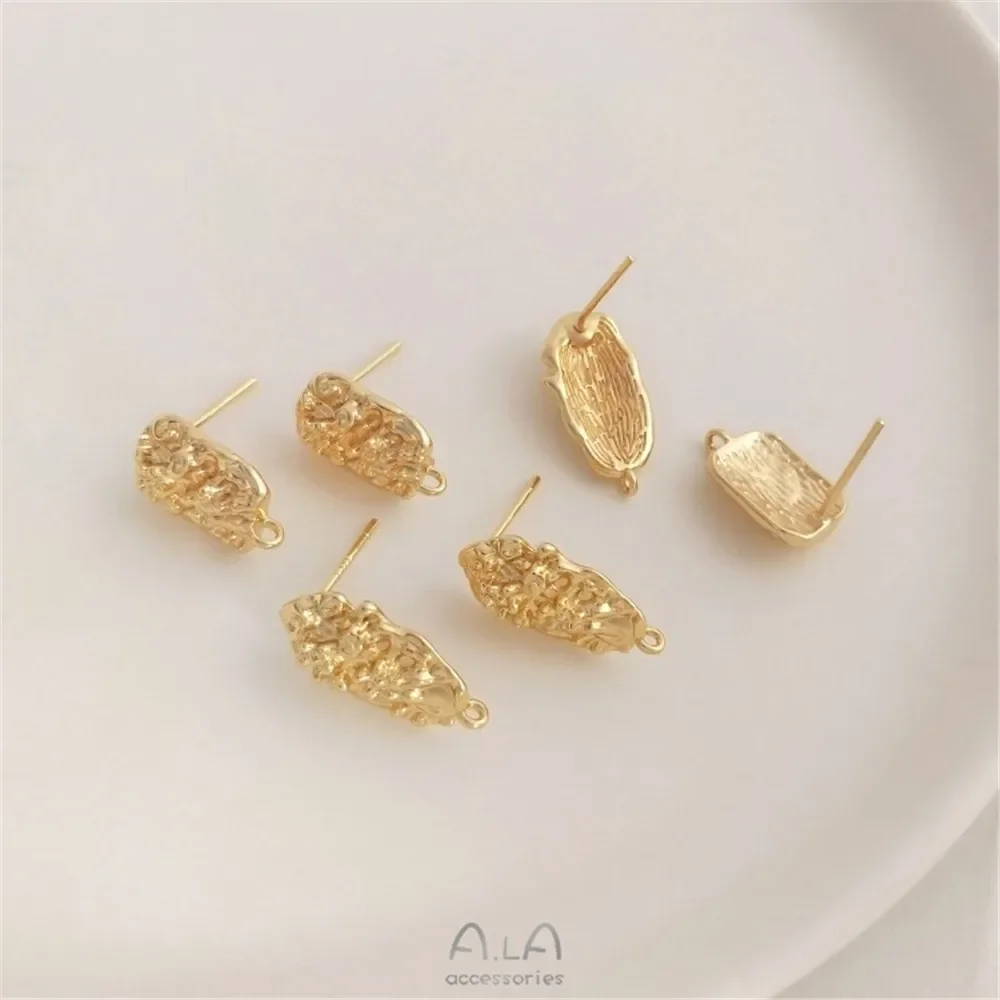 

14K Gold-Color Irregular Rectangular Carved Stud Earrings with Hanging Studs, 925 Silver Needle DIY Earrings E204