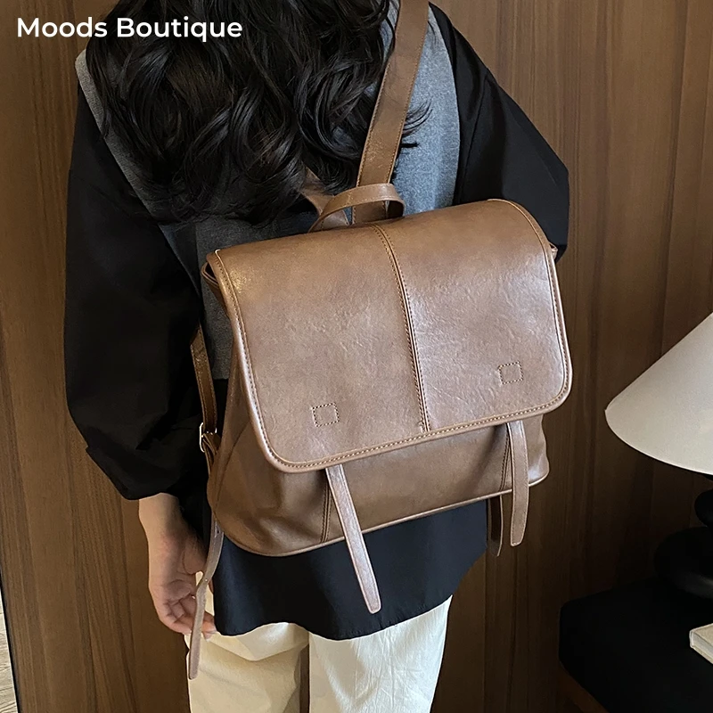 MOODS Vintage Soft Vegan Leather Backpack For Women Flap Satchels Backpack Large Capacity School Book Bag Laptop Travel Rucksack
