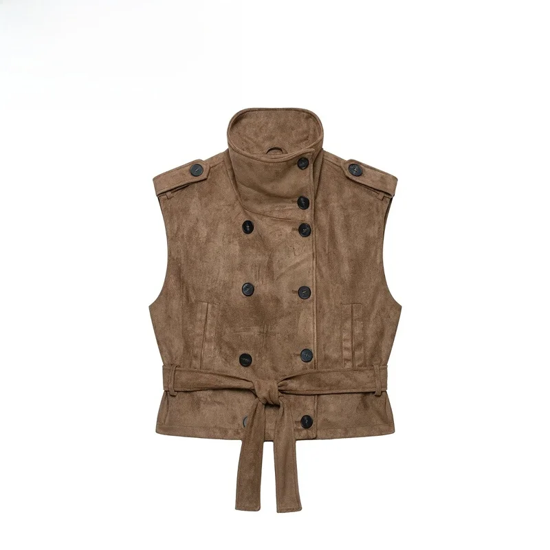 Fashionable VA Women's Vest New Style 6318262 with Belt Reversible Faux Leather Effect Short Curved Body Vest for Autumn Wear