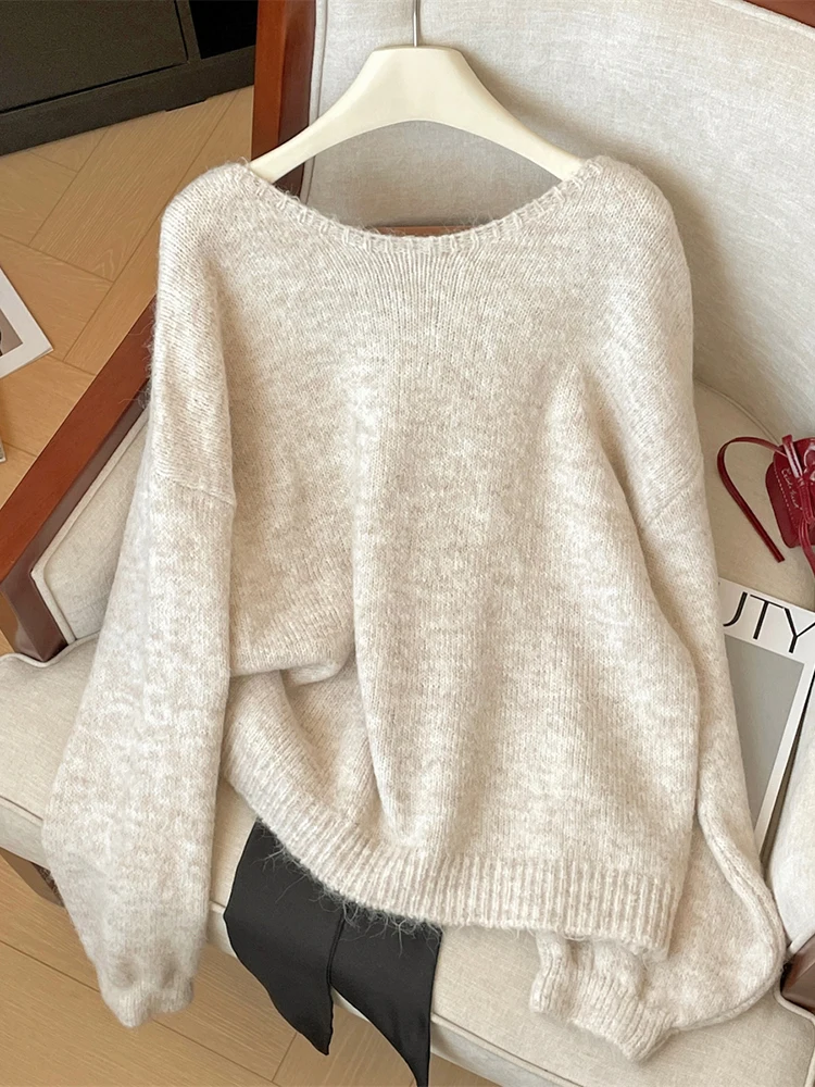 Big Bow Sweater V Neck Long Sleeve Women Loose Casual Knitted Tops Korean Fashion Oversized Pullovers Apricot Grey Sweater