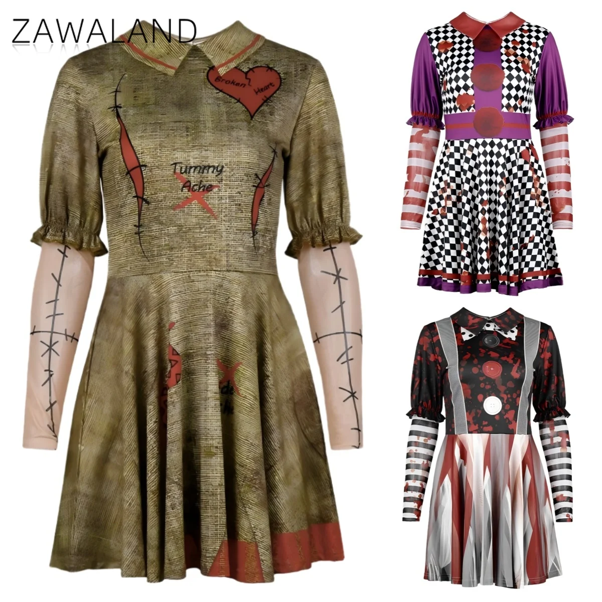 

Halloween Suture Bloodstain Cosplay Dresses Woman Ruffled Splice Sleeves Dress Stage Performance Costume Carnival Party Clothing