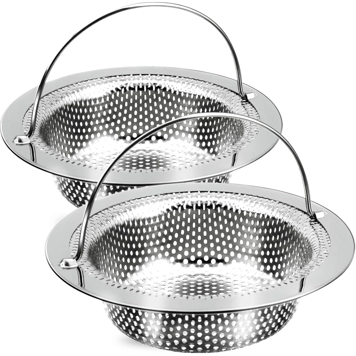 2 Pack Kitchen Sink Drain Strainer with Handle, Stainless Steel Large Basket Food Catcher, Outer Diameter 4.5 Inch, Rust Free
