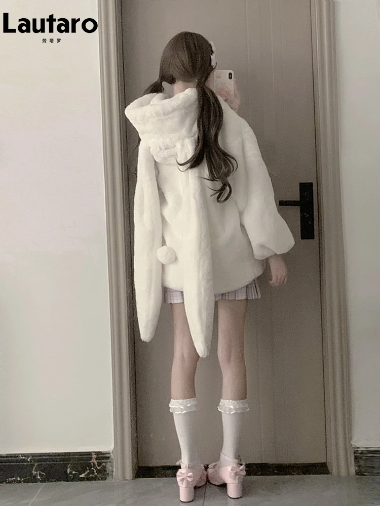 Lautaro Winter Oversized Warm Wit Nepbont Jas Vrouwen Ith Bunny Ears Kawaii Sweet Japanse Stijl Pluizig Jasje Hoodie