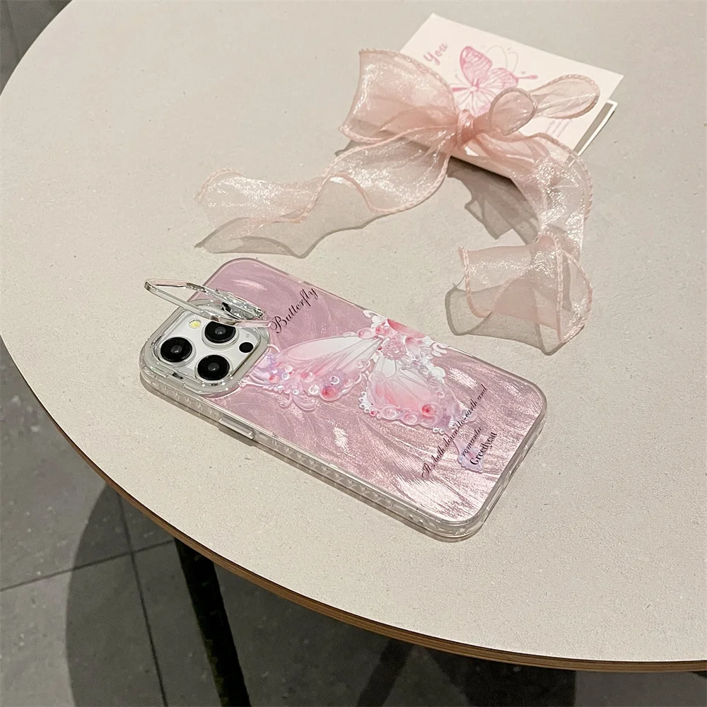 Cute Cartoon Butterfly Holder Case for iPhone 15 14 13 Pro Max 11 12 15Pro Camera Bracket Stand Shockproof Plating Ins Cover