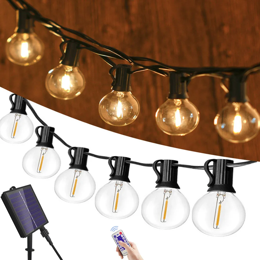 

Solar String Lights Outdoor G40 Patio Lights, USB Recharger, 8 Light Modes, Shatterproof Bulbs , Weatherproof Hanging Light