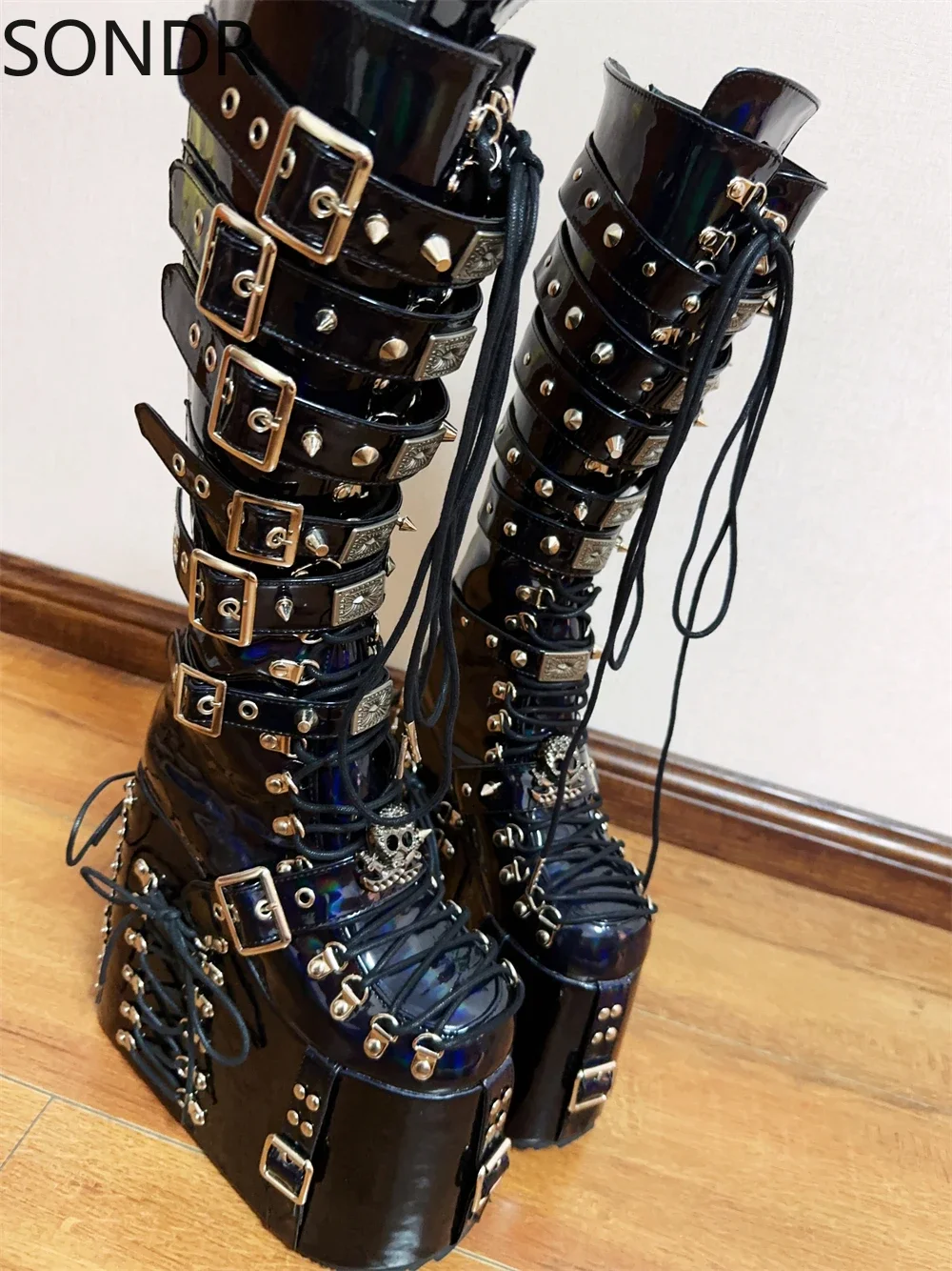 Womens Punk Skull Knee Thigh Boots Platform Wedge High Heel Belt Buckle Japanese Harajuku Lace Up Straps Motorcycle Shoes DIY JK