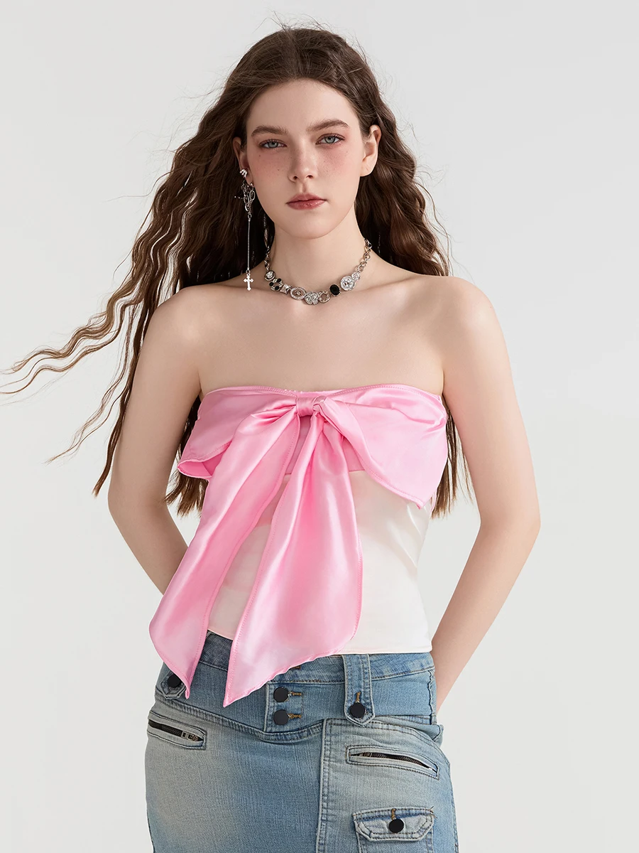 wsevypo Big Bowknot Bandeau Tops Summer Fashion Backless Off-Shoulder Strapless Tube Tops Women's Patchwork Wrap Tank Tops