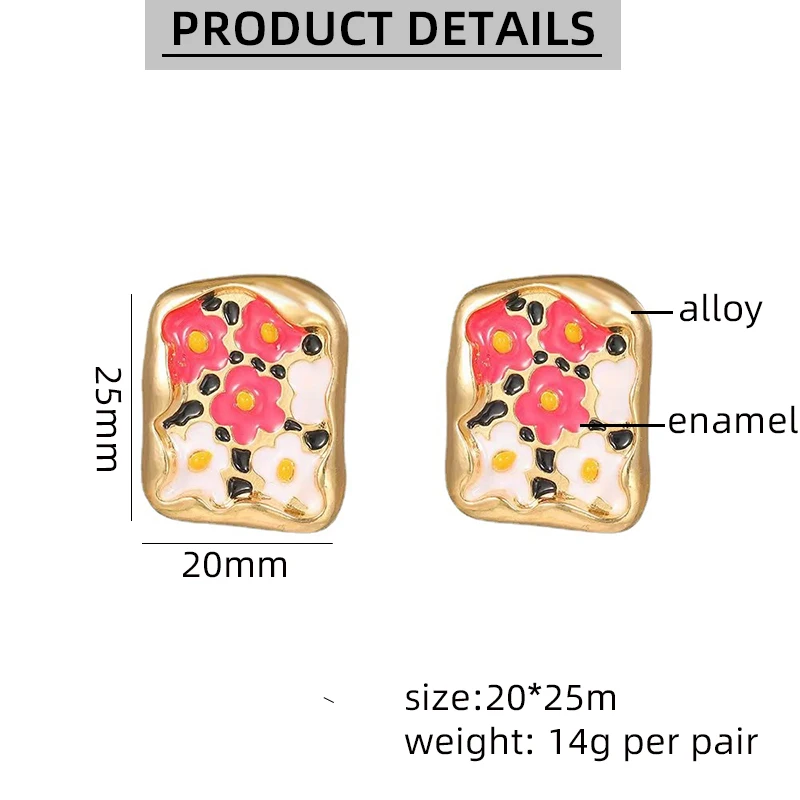 French retro niche irregular square enamel flower clip on earrings non pierced fresh personalized earrings for women Trendy 2023