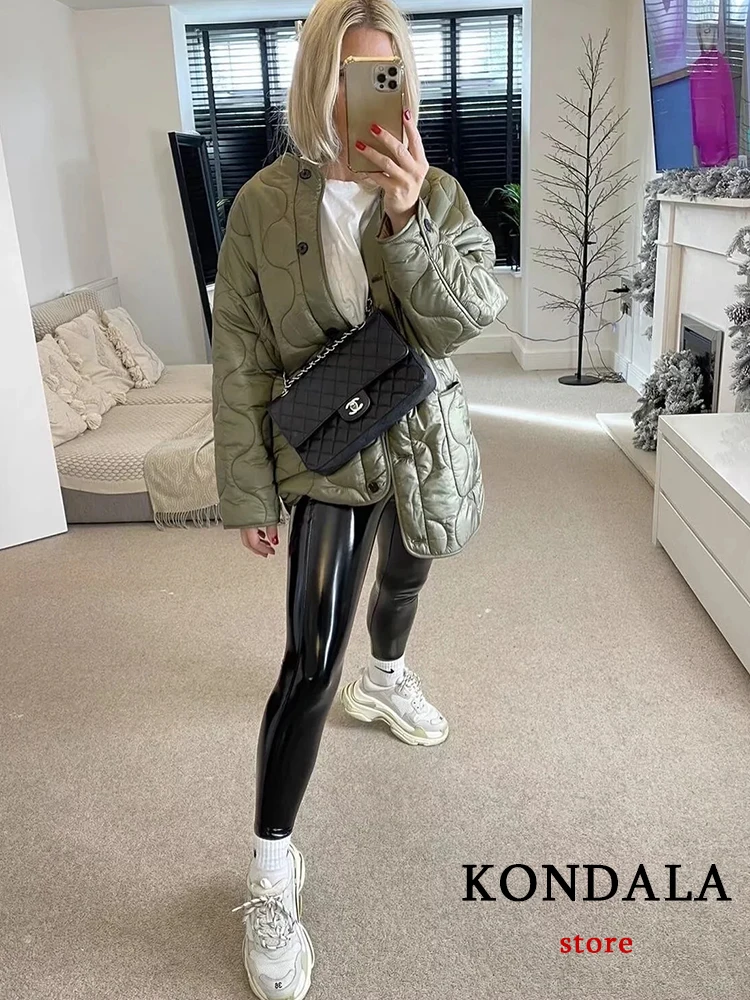 KONDALA 2022 Streetwear Green Oversized Long Jackets Women O Neck Pockets Autumn Wintet Thicken Jackets Female Casual Outwear