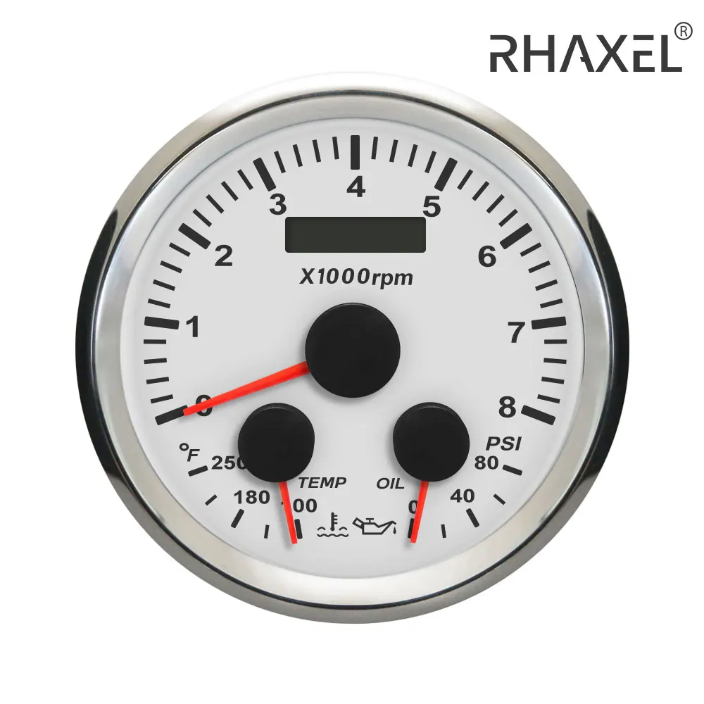 

RHAXEL 85mm Tachometer 8000RPM with Hour Meter Water Temp Oil Pressure 0-80Psi 100-250℉ 12V Red Backlight for Auto Truck