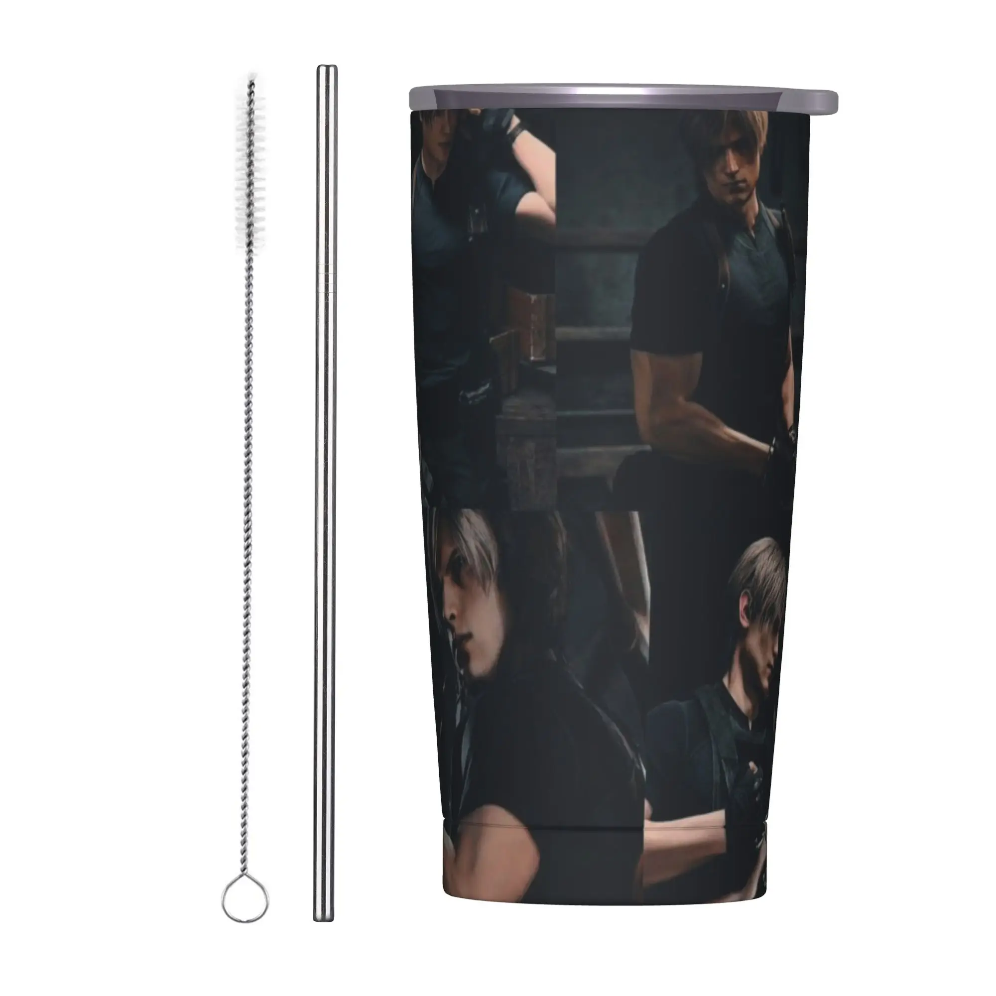 Leon Keneddy Residents Evils Tumbler With Straw  Stainless Steel Travel Mugs Double Wall Vacuum Insulated for Cold Or Hot 20oz