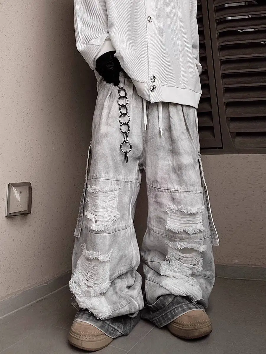 Man Jeans Street Fashion Cargo Jeans Hip Hop Mud Dyed Hollow Out Denim Pants Wide Leg Retro Distressed Washed Loose Trousers