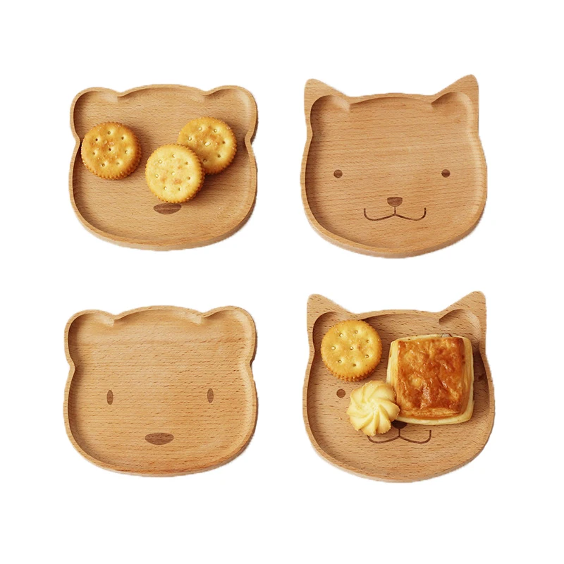 Wood Plate Cute Cartoon Cat Bear Solid Wood Fruit Dishes Saucer Tea Tray Dessert Dinner Plate Tableware For Serving Kids Baby