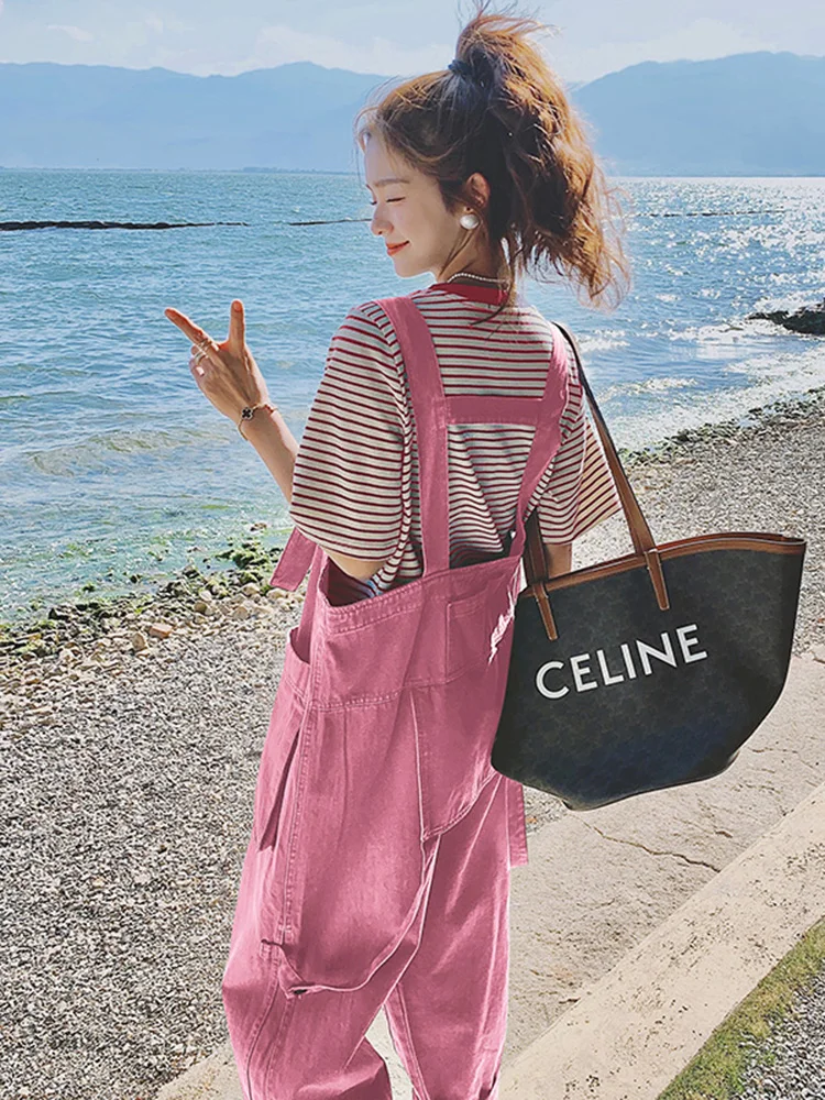 

Розовые джинсовые комбинезоны женские летние 2025: свободные брюки прямого кроя в рабочем стиле, дизайнерская модель для невысоких женщин