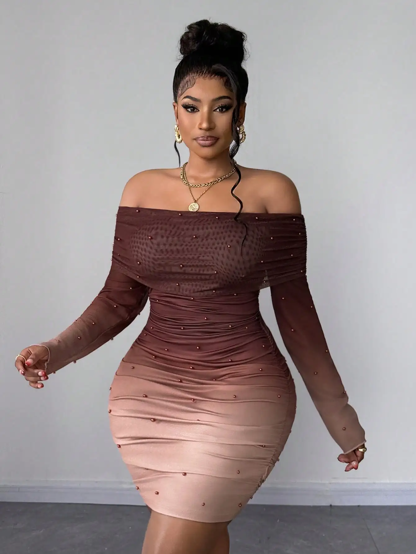 

Off-Shoulder Gradient Beaded Mini Dress with Sheer Long Sleeves