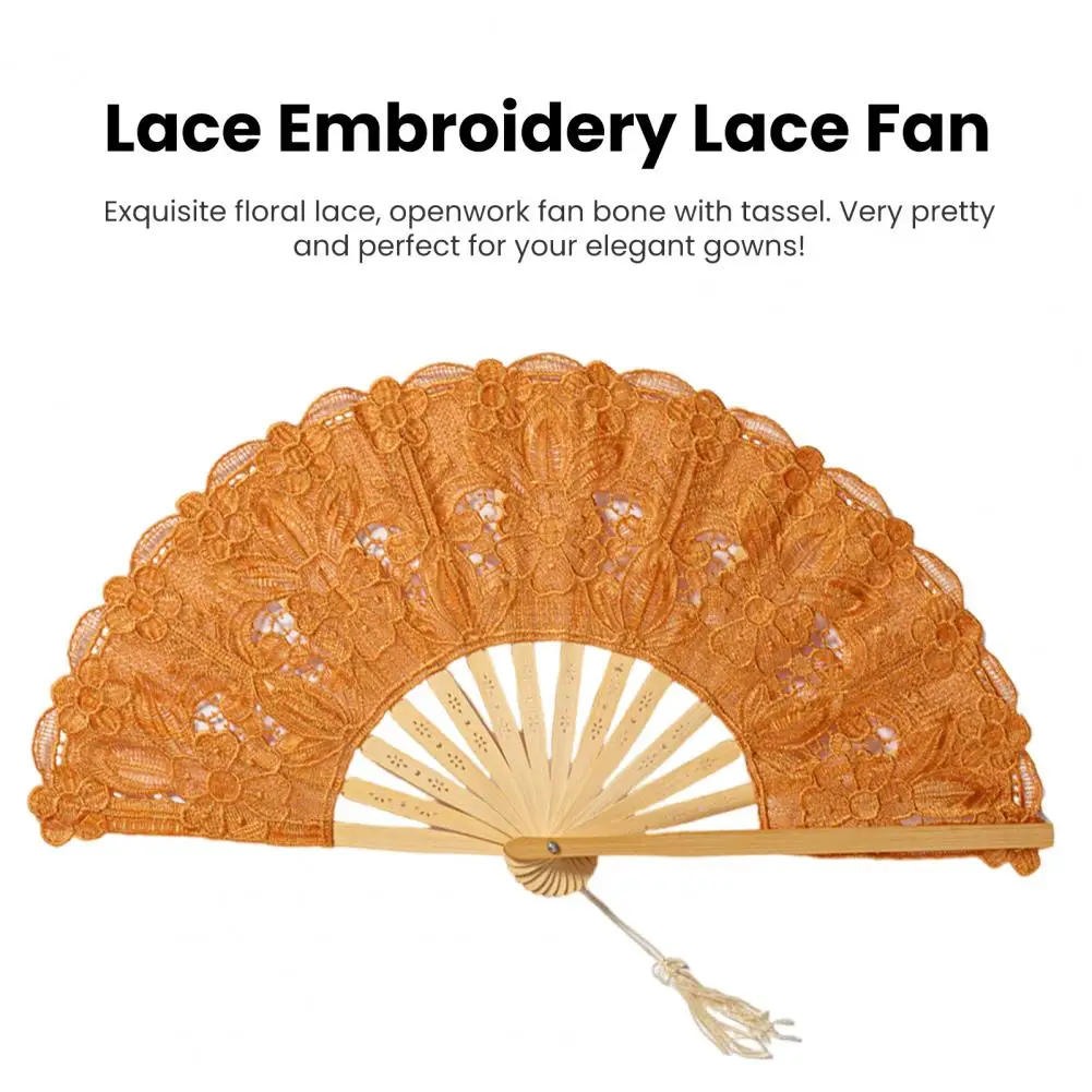 Bamboo Rib Fan Vintage Lace Folding Fan with Tassel Hollow Rib Handheld Fan for Summer European Dance Performance Party Photo