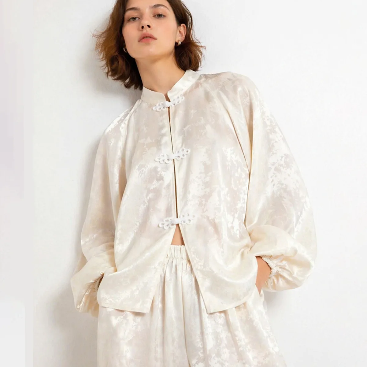 IG 2026 Women's New Chinese Two Piece Co Ord, Mandarin Stand Collar Frog Button Lantern Sleeve Short Jacket & Elastic Waist image 4