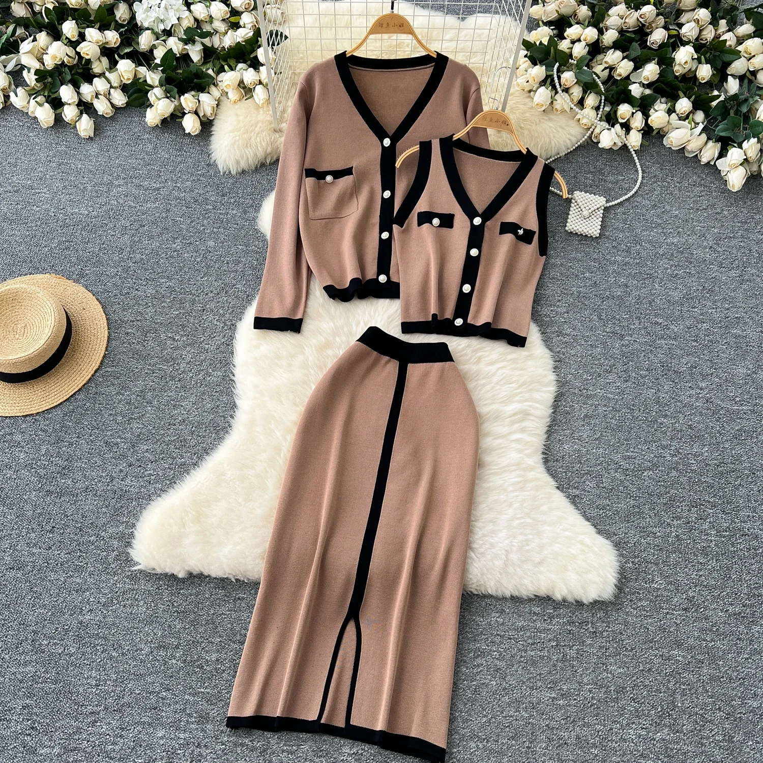 Chic Three-piece Sets Sweet V-neck Patchwork Vest and Long Sleeve Knit Coat and Basics Skirt High Street Women Winter Clothing