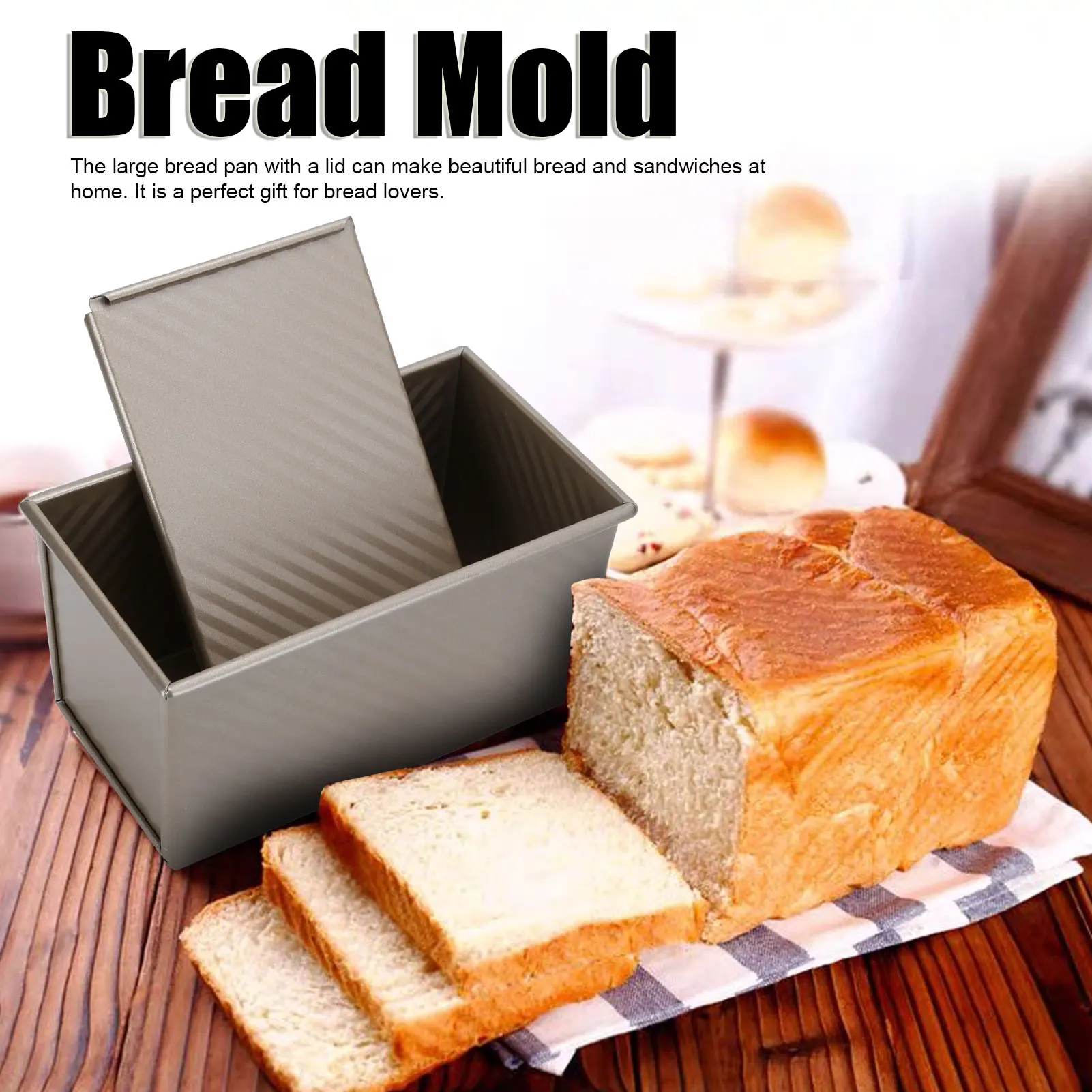 Baking Mold Bread Box Bread Mold Box Golden Household Non‑Stick Bakeware Baking Mold with Cover Kitchen Supplies Bread Mold