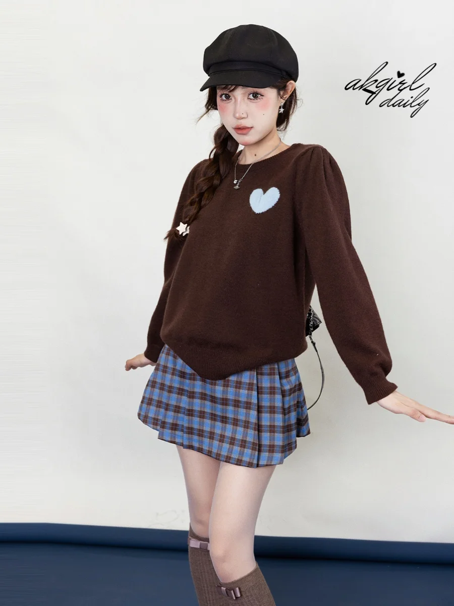 

Autumn Winter New Sle Brown Heart Color Blo Bubble Sve Sweater Women's Sweet Top Commute Sle Long Sve Knitted Swe...