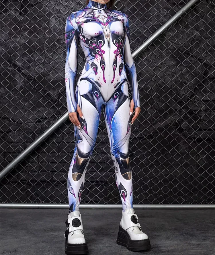 Erwachsenen-Sportanzug mit hoher Taille, Damen-Cosplay-Kostüm, sexy Anzug mit blauen Farbelementen, Muskel-Halloween-Bodysuit – Detail 2