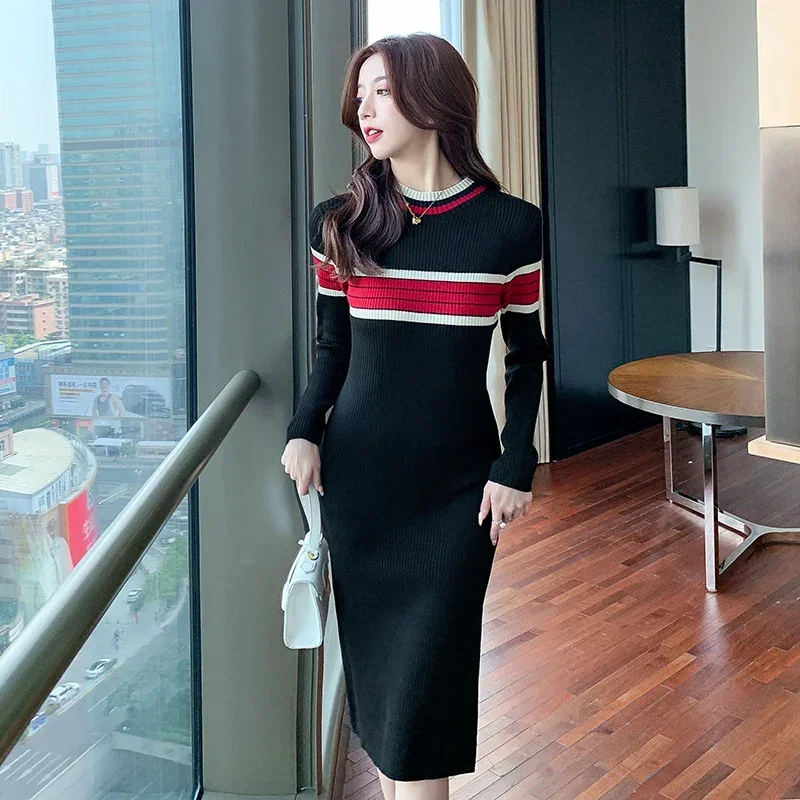 Women Korean Knitted Dress Long Sleeve Half High Collar Elastic Slim Striped Dress 2021 Autumn Sexy Bodycon Split Sweater Dress