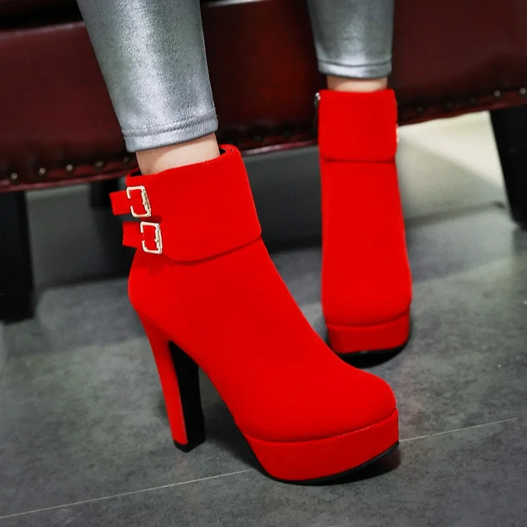 Fashion Women Ankle Boots Round Head Platform High Heel Boots  Pumps Female Sexy Stiletto Zipper Stretch Fabrics Boots Black Red