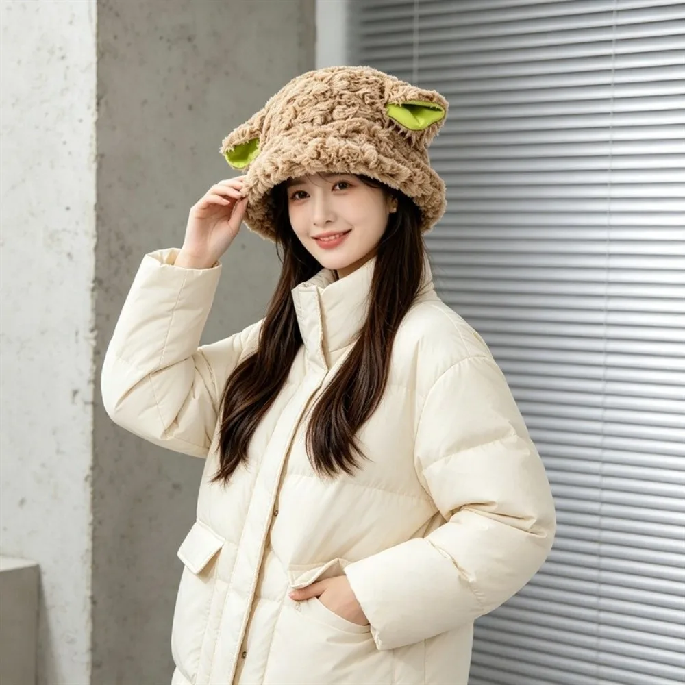 Kawaii Bucket Hat Fluffy Fuzzy Sheep Fisherman Hat Soft Warm Lamb Ear Hat Winter