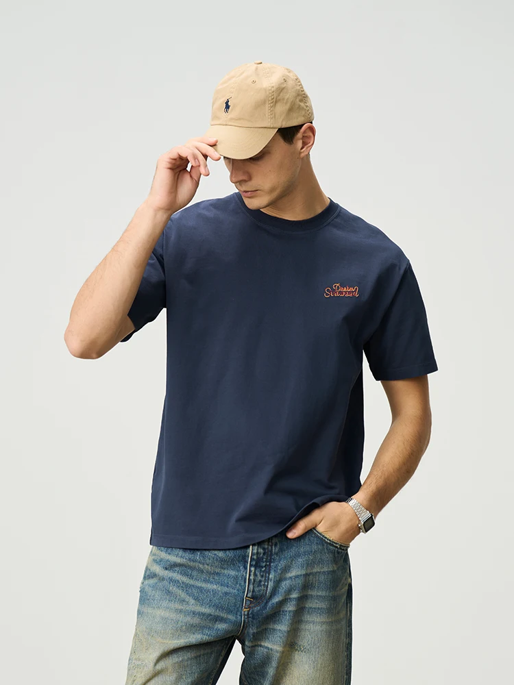 

SIMWOOD High Standard 2025 Summer New Oversize Letter Embroidery 300gsm 100% Cotton Fabric T-shirts Men Breathable Tops