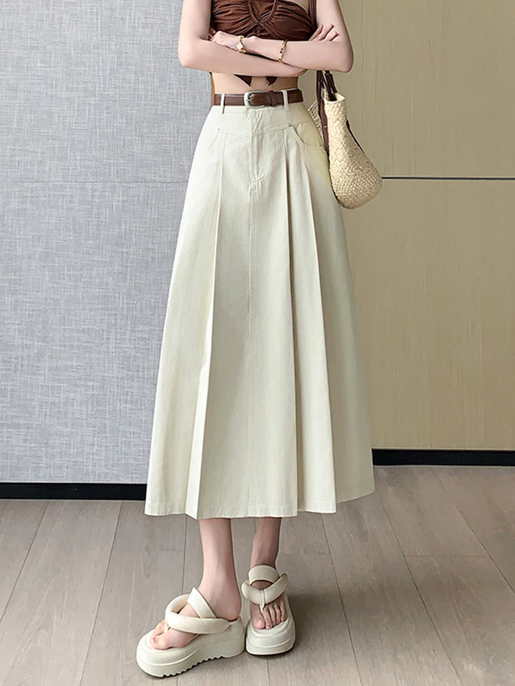 Faionable High Waist A-Line Midi Skirt Women's Spring 2026 Casual Sle Leather Fabric Gored Skirt Ele Slimming Design