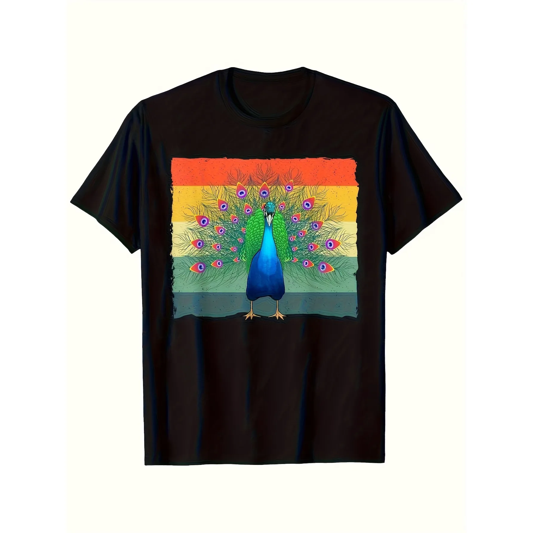 Peacock Retro Stripes Graphic T-Shirt Breathable Cotton Short Sleeve Crew Neck Casual Tee for Men Women