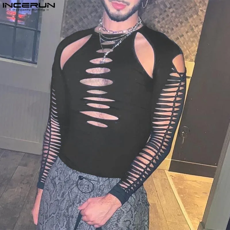 

INCERUN 2024, модные новые мужские однотонные футболки с цветочным принтом, сексуальные мужские удобные футболки с круглым вырезом и длинными рукавами, S-5XL