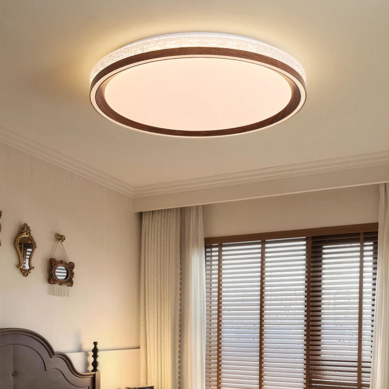 Round LED Ceiling Light Walnut Wood Frame Crystal Edge Dimmable Lamp Modern Bedroom Living Room Home Decor Lighting Fixture