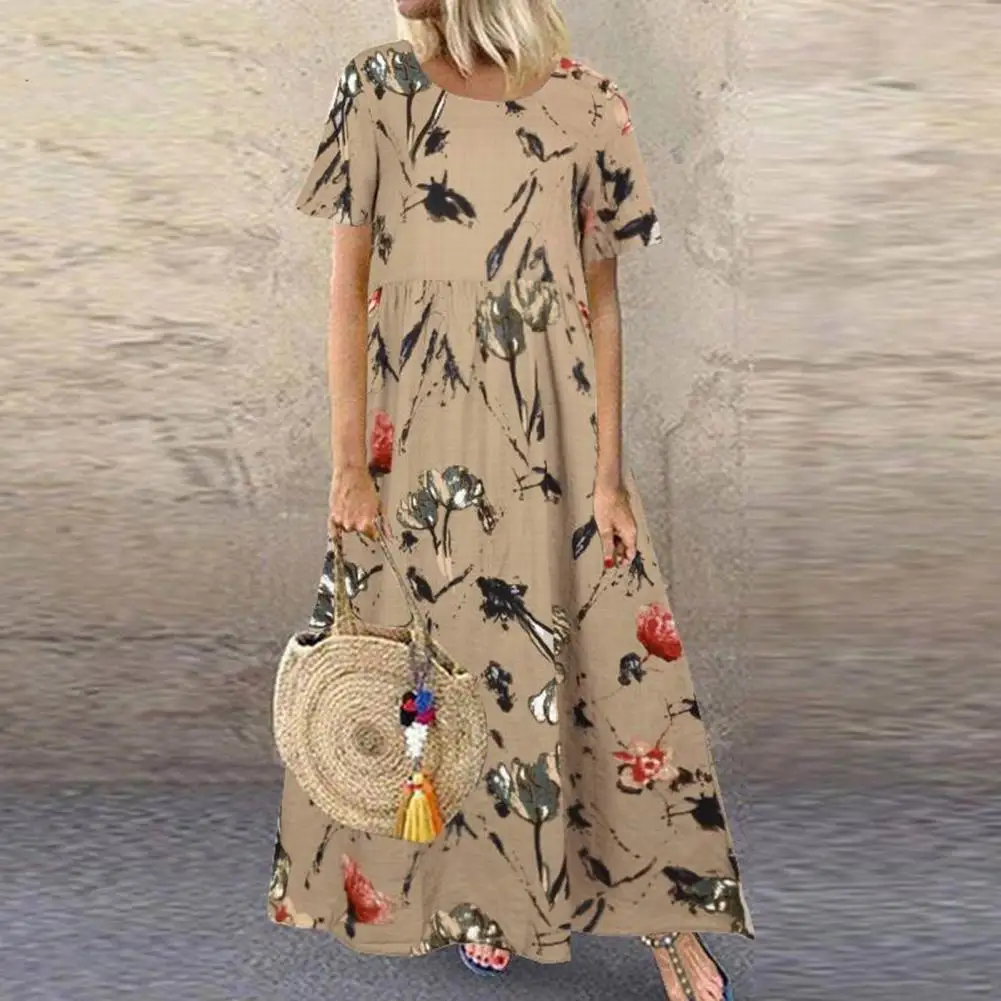 Retro Floral Print Long Dress Women Summer Short Sleeves Loose Type Big Hem O Neck Boho Beach Maxi Dresses Holiday Party Dress