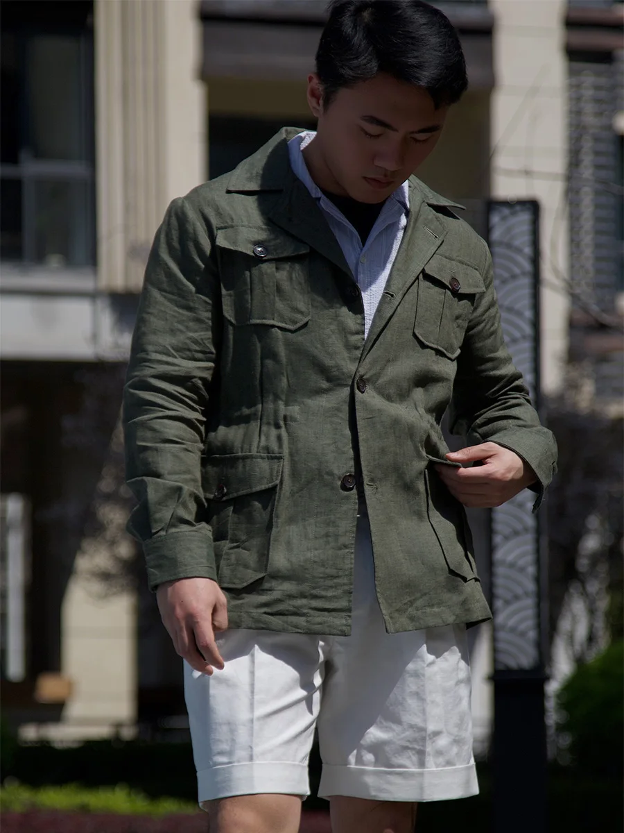 POT&CRAFTSMAN Unstructured Safari Jacket Hunting Jacket Moss Green Pure Linen Gentry Vintage Slim Fit