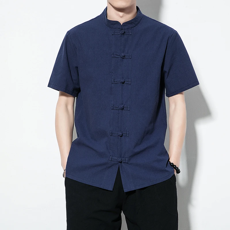 

Casual Lightweight Cotton Linen Shirt Men's Seven Sleeve Summer Trendy Youth Casual Loose Fit Short Sleeve Shirt Navy Collar